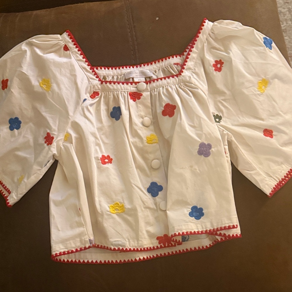 Women's  White Floral Puff-Sleeve Top with Red Trim